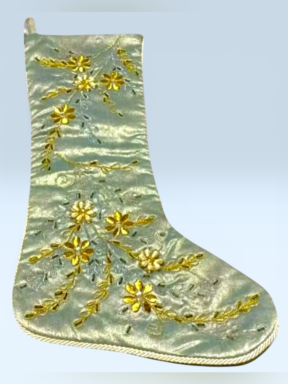 Jeweled Snowflake CHRISTMAS STOCKING Green Gold Silver Beads Embroidered 19"